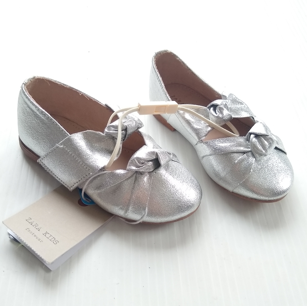ZARA girls Silver knot bow ballet flats sz 6.5